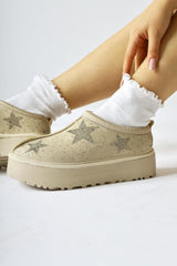 Beige Suede Shiny Star Detailed Fur Lined Short Boots