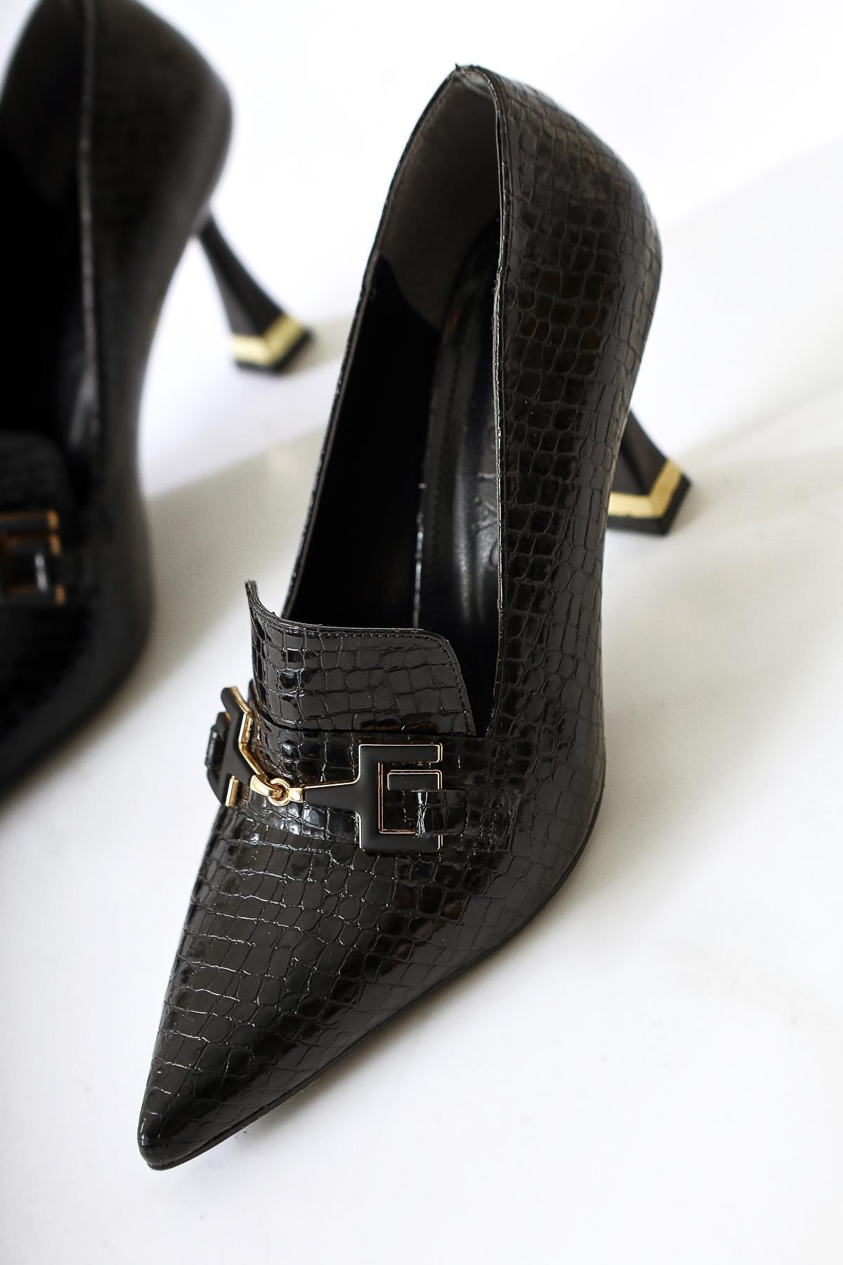 Stiliani Black Crocodile Print Leather Buckle Detailed High Heel Shoes