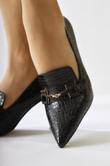 Stiliani Black Crocodile Print Leather Buckle Detailed High Heel Shoes