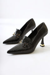 Stiliani Black Crocodile Print Leather Buckle Detailed High Heel Shoes