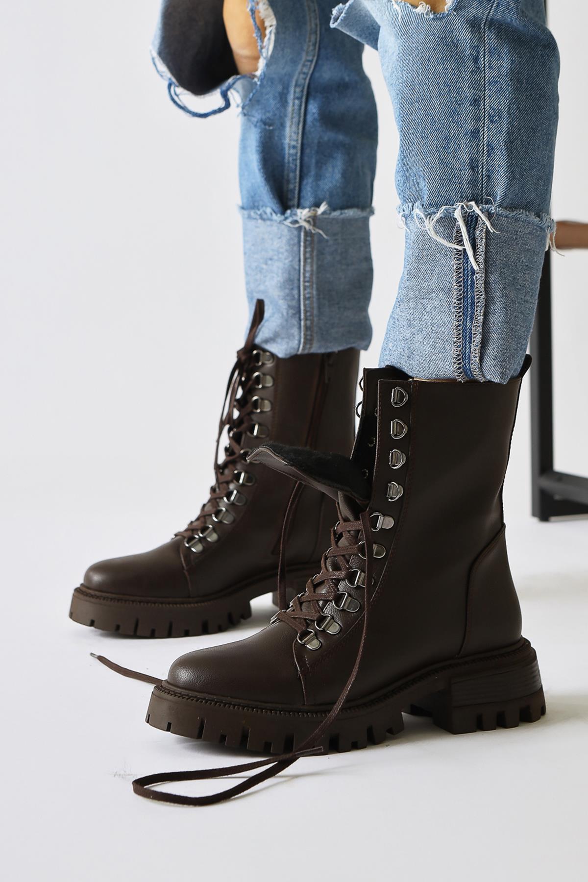 Suzette Brown Lace-Up Thick-Soled Boots