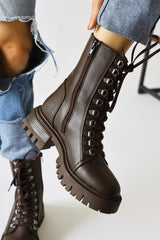 Suzette Brown Lace-Up Thick-Soled Boots