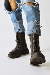 Suzette Brown Lace-Up Thick-Soled Boots