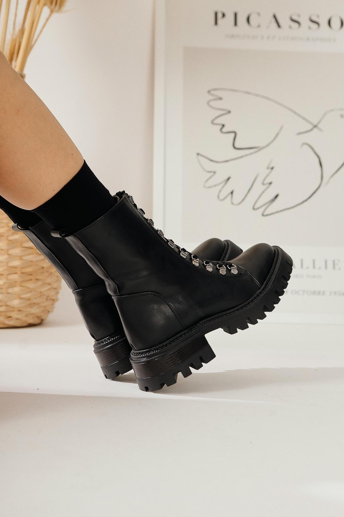 Suzette Black Lace-Up Thick-Soled Boots