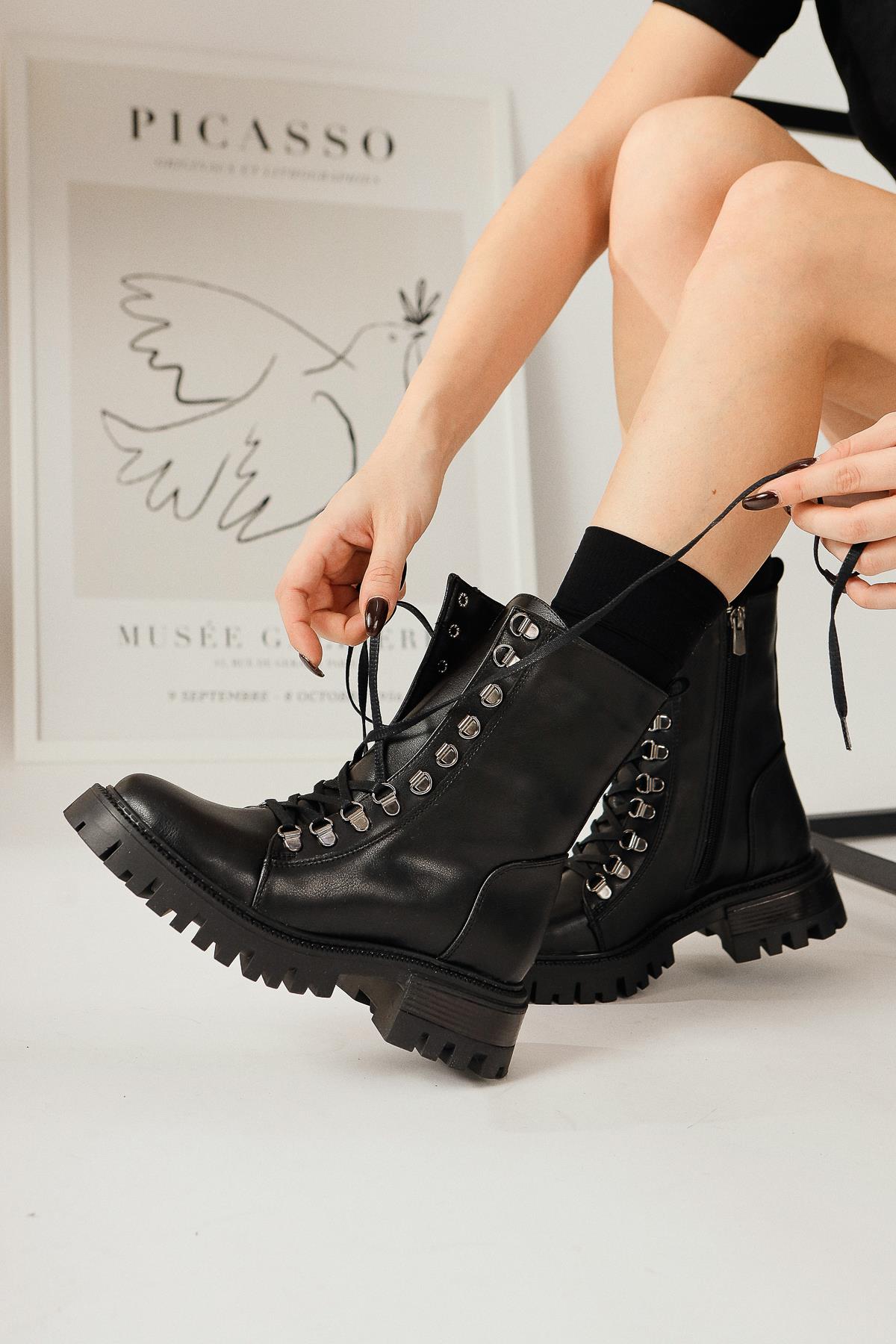 Suzette Black Lace-Up Thick-Soled Boots