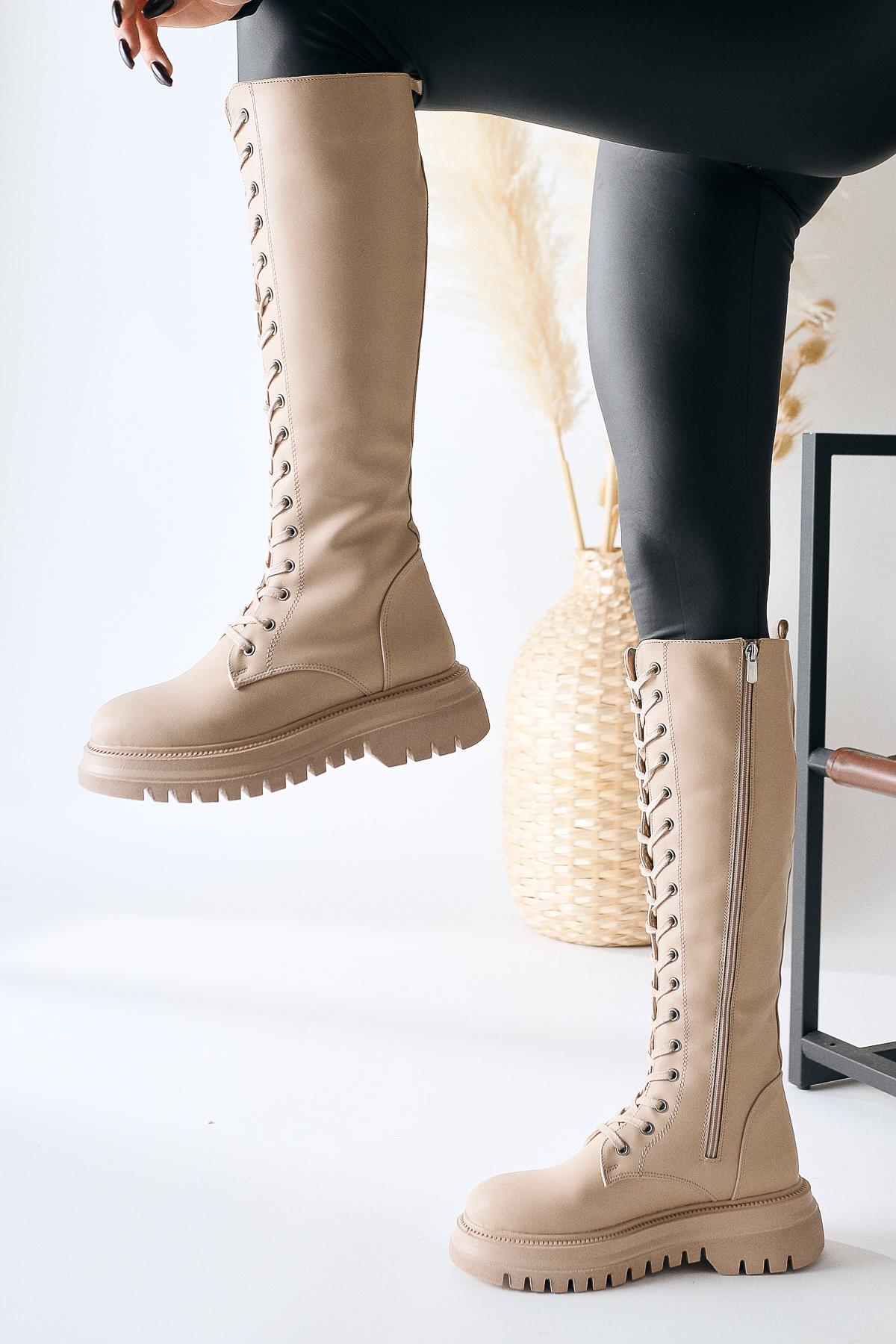 Svetlana Nud Lace-Up Chunky Heeled Combat Boots