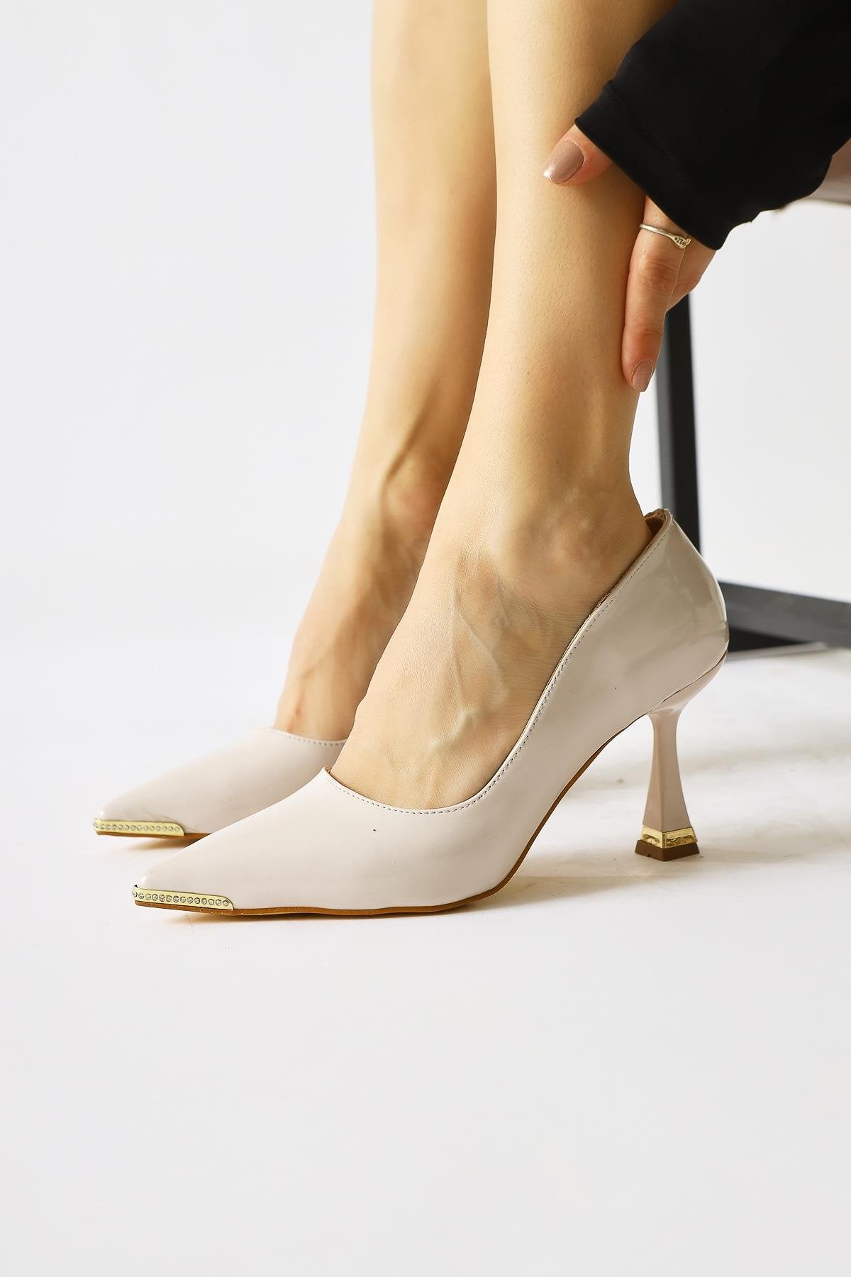 Sydney Beige Patent Leather Stone Detailed Pointed Toe Heeled Shoes