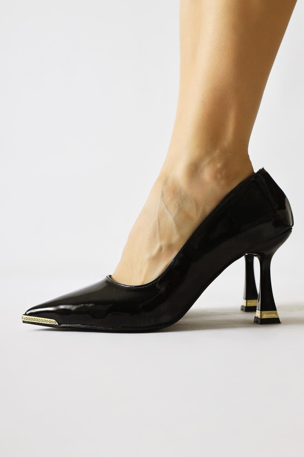 Sydney Black Patent Leather Stone Detailed Pointed Toe High Heel Shoes