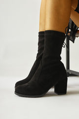 Tarah Black Suede Oval Toe Stretch Boots