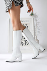 Tatum White Pointed Toe Mid Heel Boots