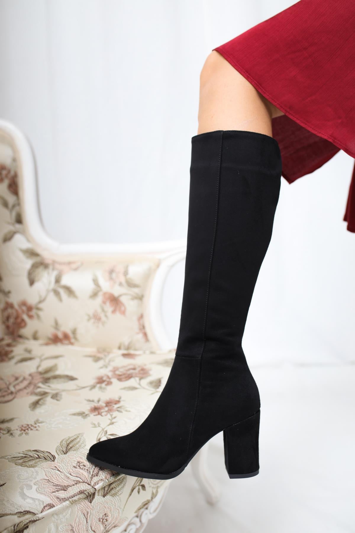 Tatum Black Suede Pointed Toe Mid Heel Boots