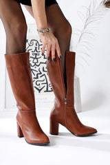 Tatum Tan Pointed Toe Mid Heel Boots