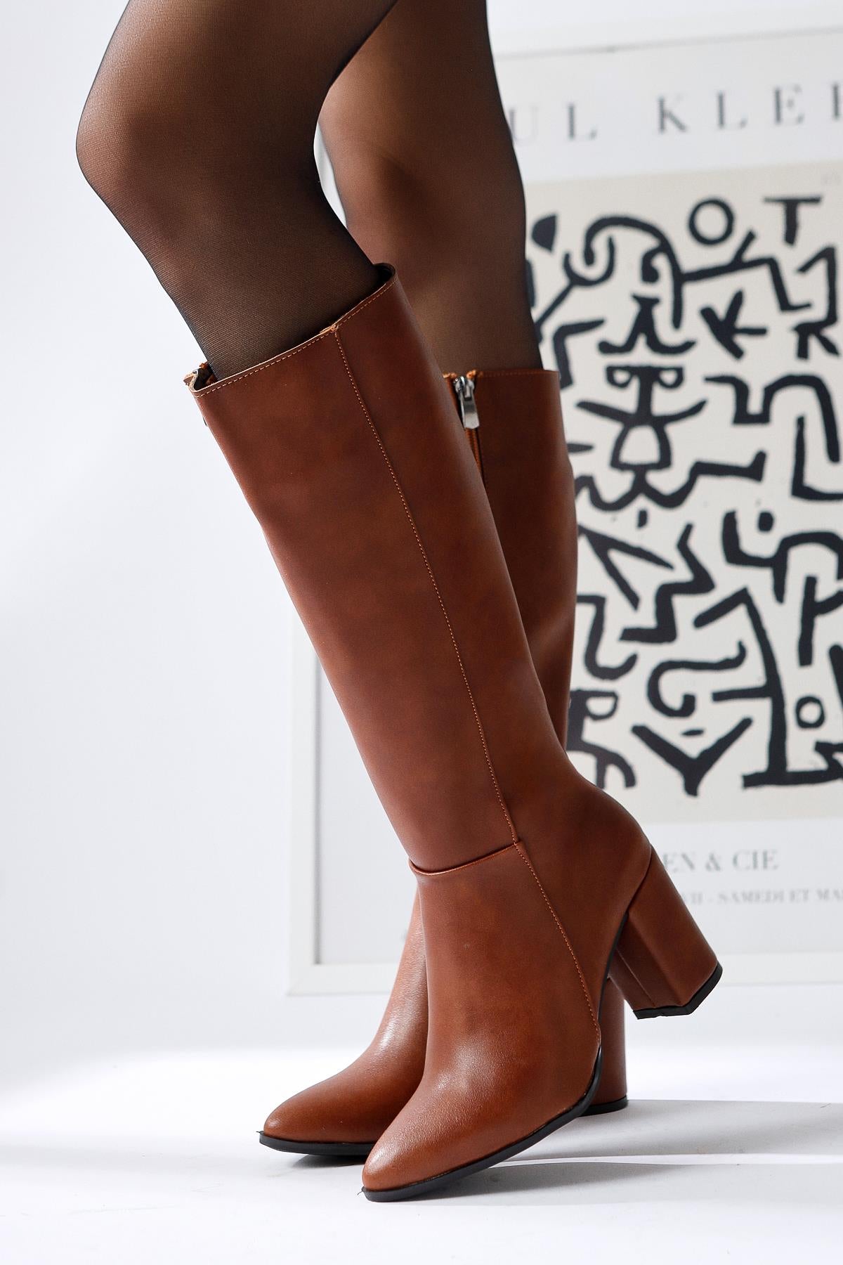 Tatum Tan Pointed Toe Mid Heel Boots