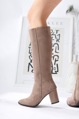 Tatum Mink Suede Pointed Toe Mid Heel Boots