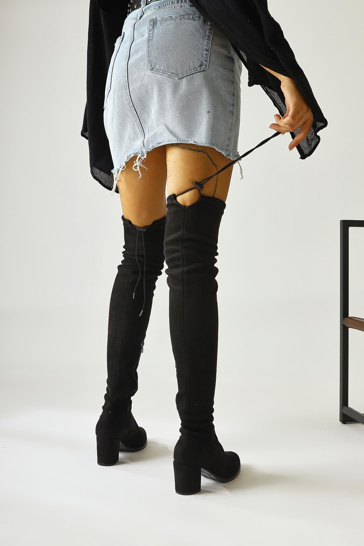 Terri Black Suede Oval Toe Over The Knee Stretch Boots