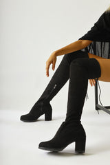 Terri Black Suede Oval Toe Over The Knee Stretch Boots