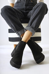 Thida Black Suede Elastic Platform Sole Pull-On Boots