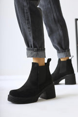 Thida Black Suede Elastic Platform Sole Pull-On Boots