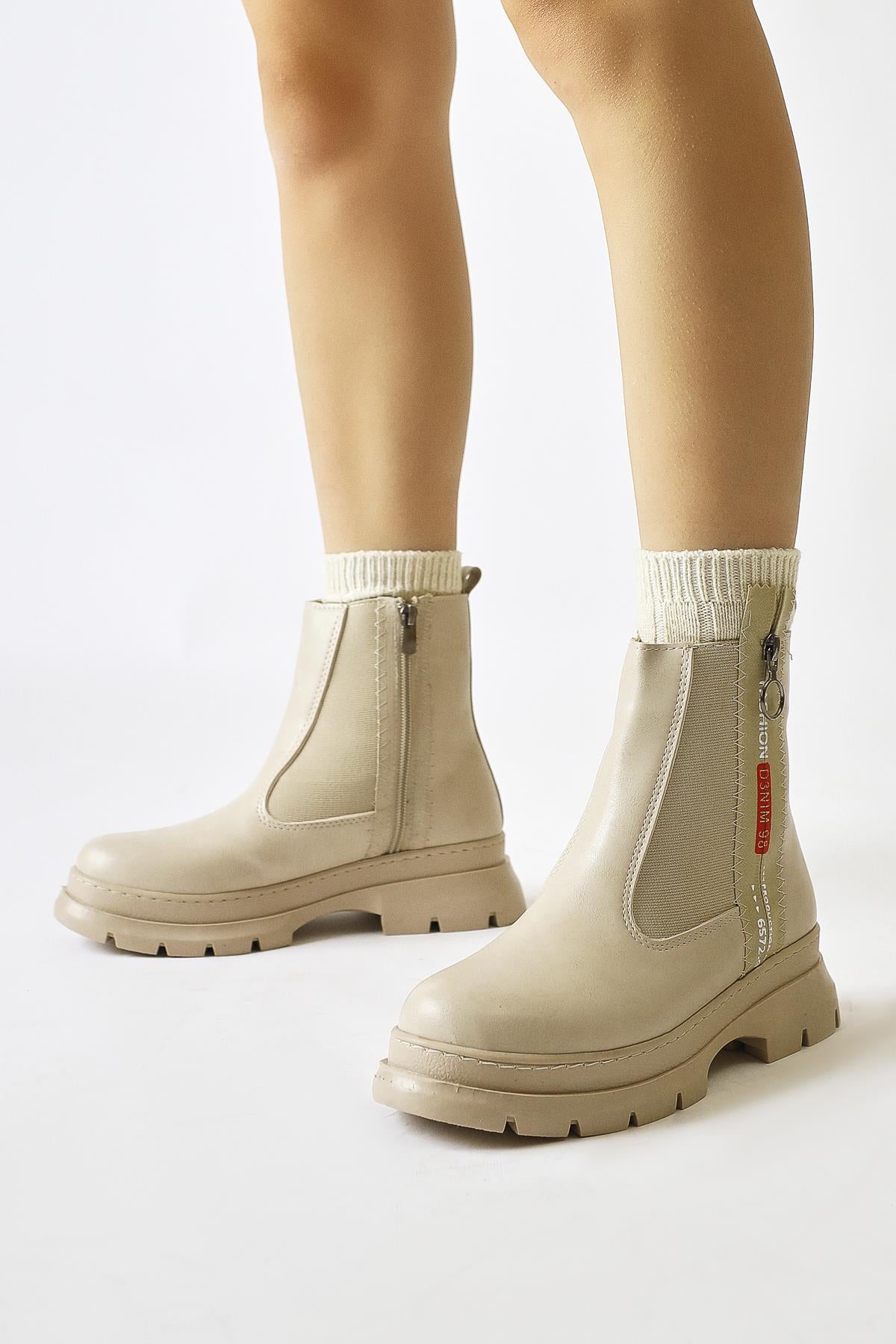 Tiffani Beige Zipper Patched Short Boots