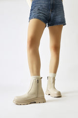 Tiffani Beige Zipper Patched Short Boots