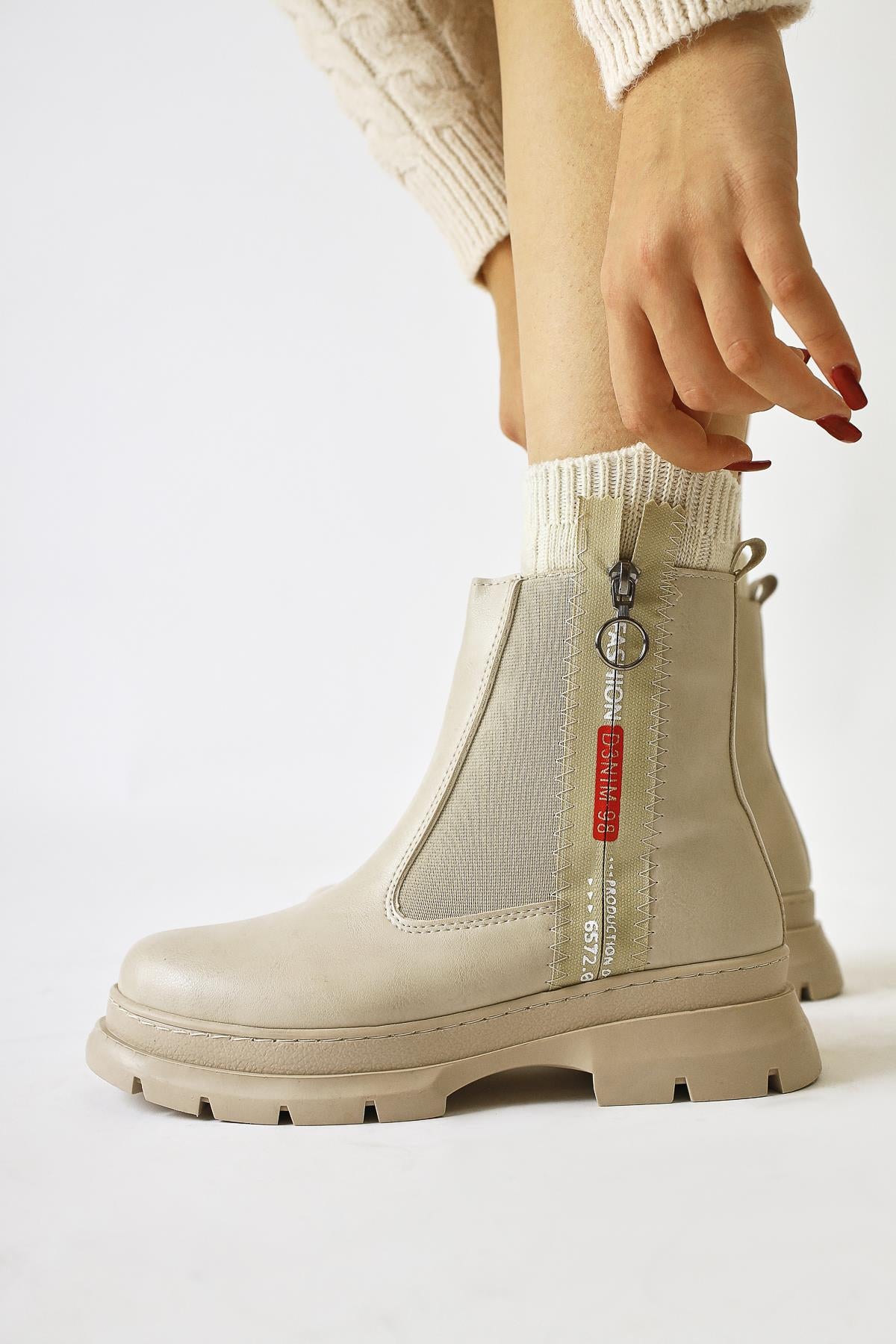 Tiffani Beige Zipper Patched Short Boots