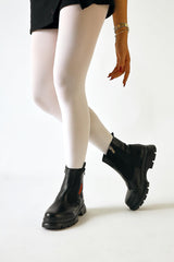 Tiffani Black Zipper Patched Short Boots