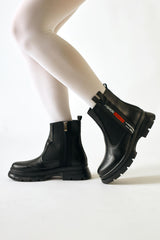 Tiffani Black Zipper Patched Short Boots