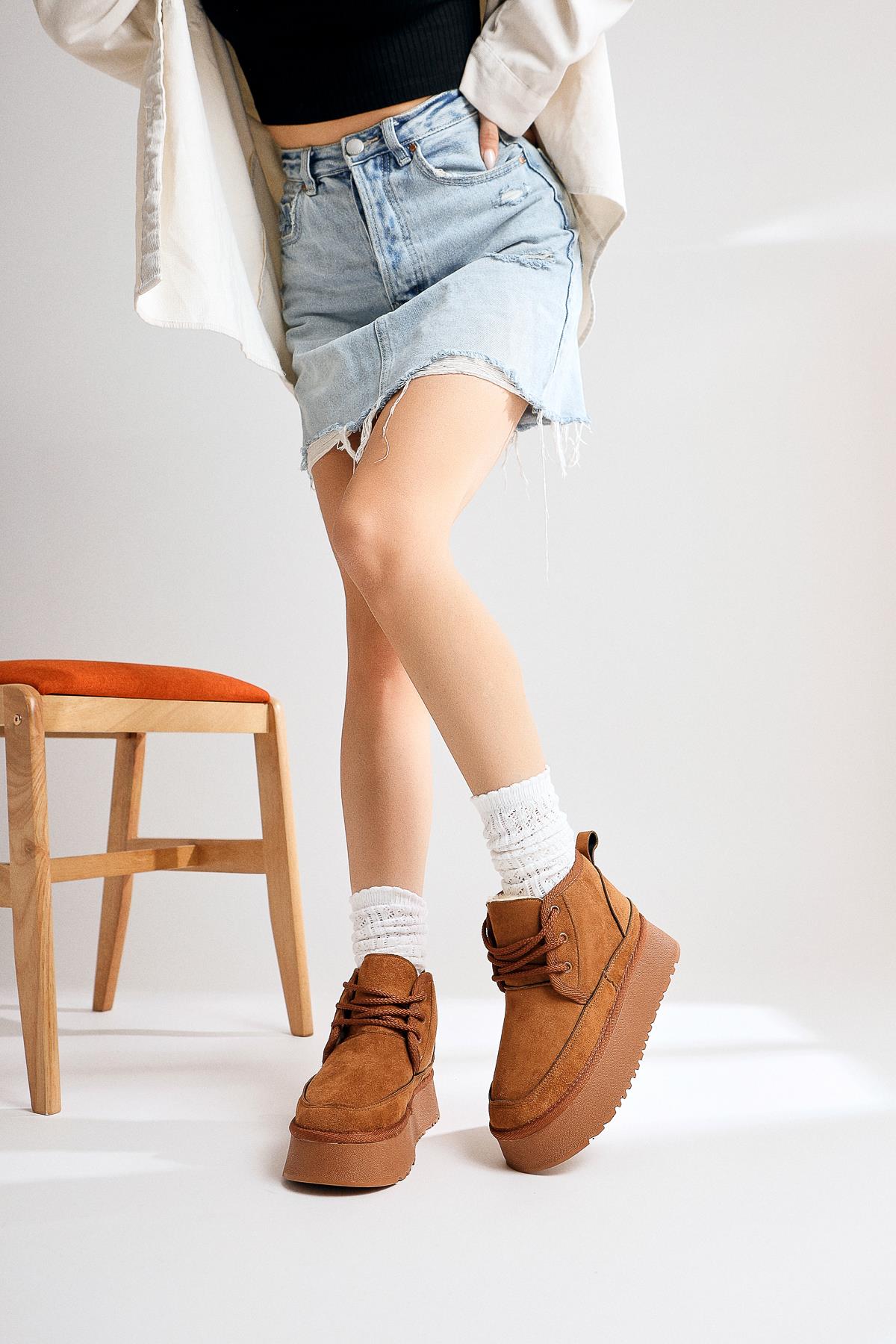 Tinfos Brown Suede Thick Soled Lace-Up Ankle Boots