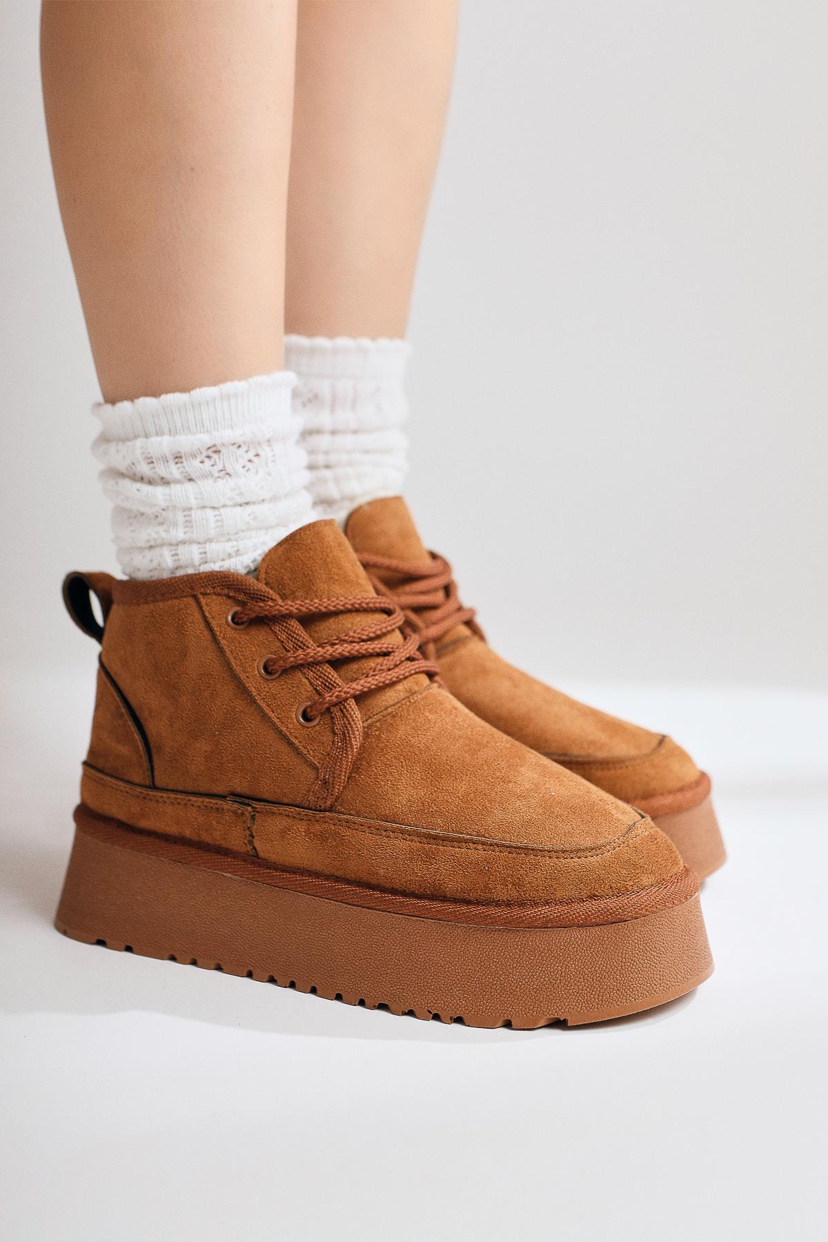 Tinfos Brown Suede Thick Soled Lace-Up Ankle Boots