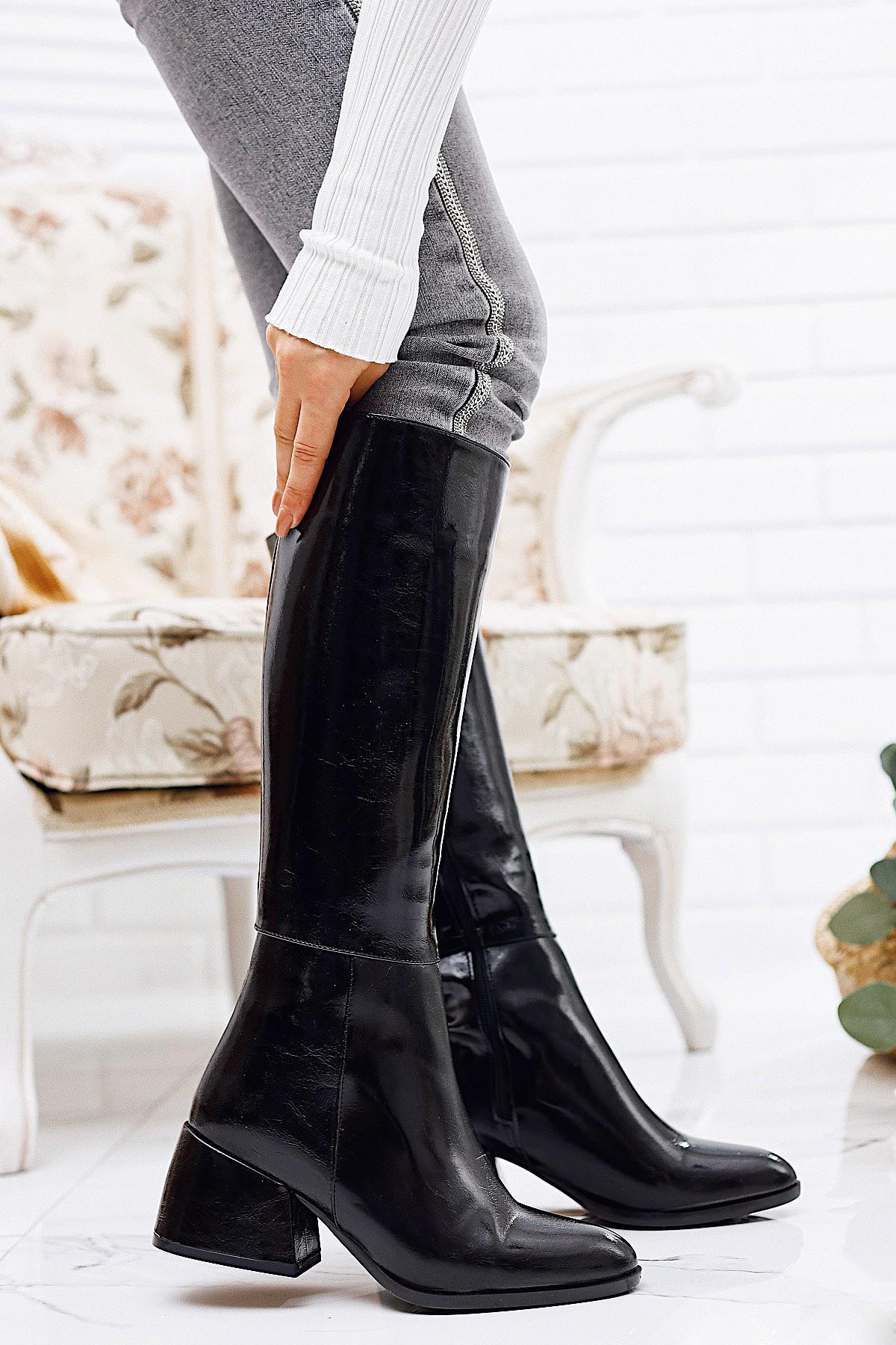 Tinley Black Crinkle Patent Leather Boots