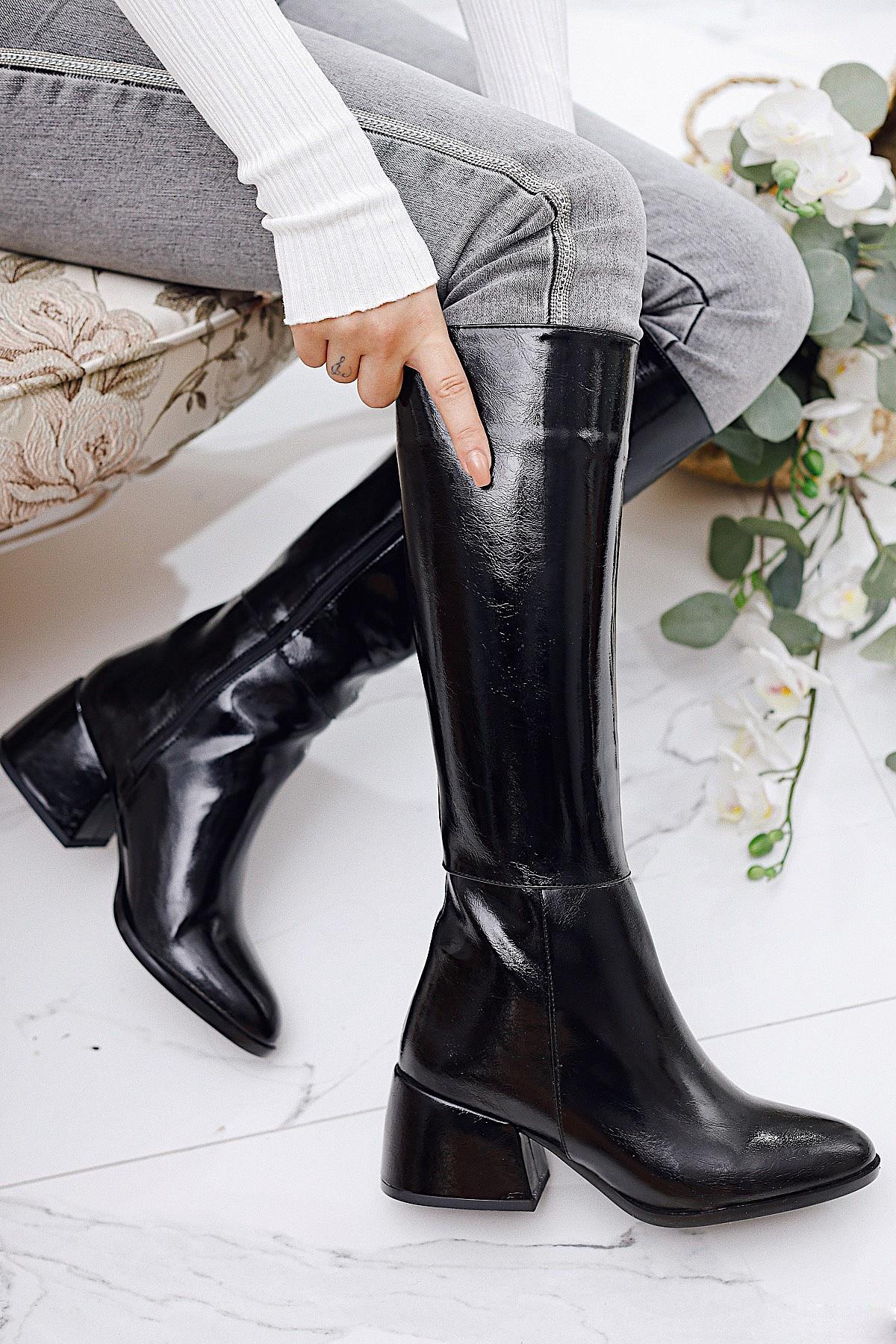 Tinley Black Crinkle Patent Leather Boots