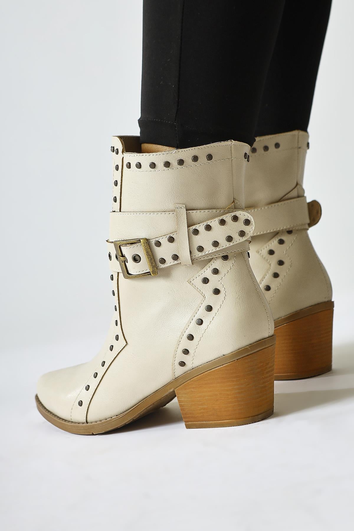 Torin Beige Studded Detailed Belted Pointed Toe Western Boots