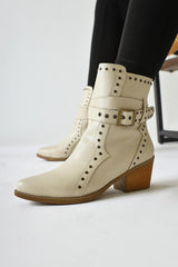 Torin Beige Studded Detailed Belted Pointed Toe Western Boots