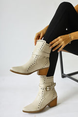 Torin Beige Studded Detailed Belted Pointed Toe Western Boots