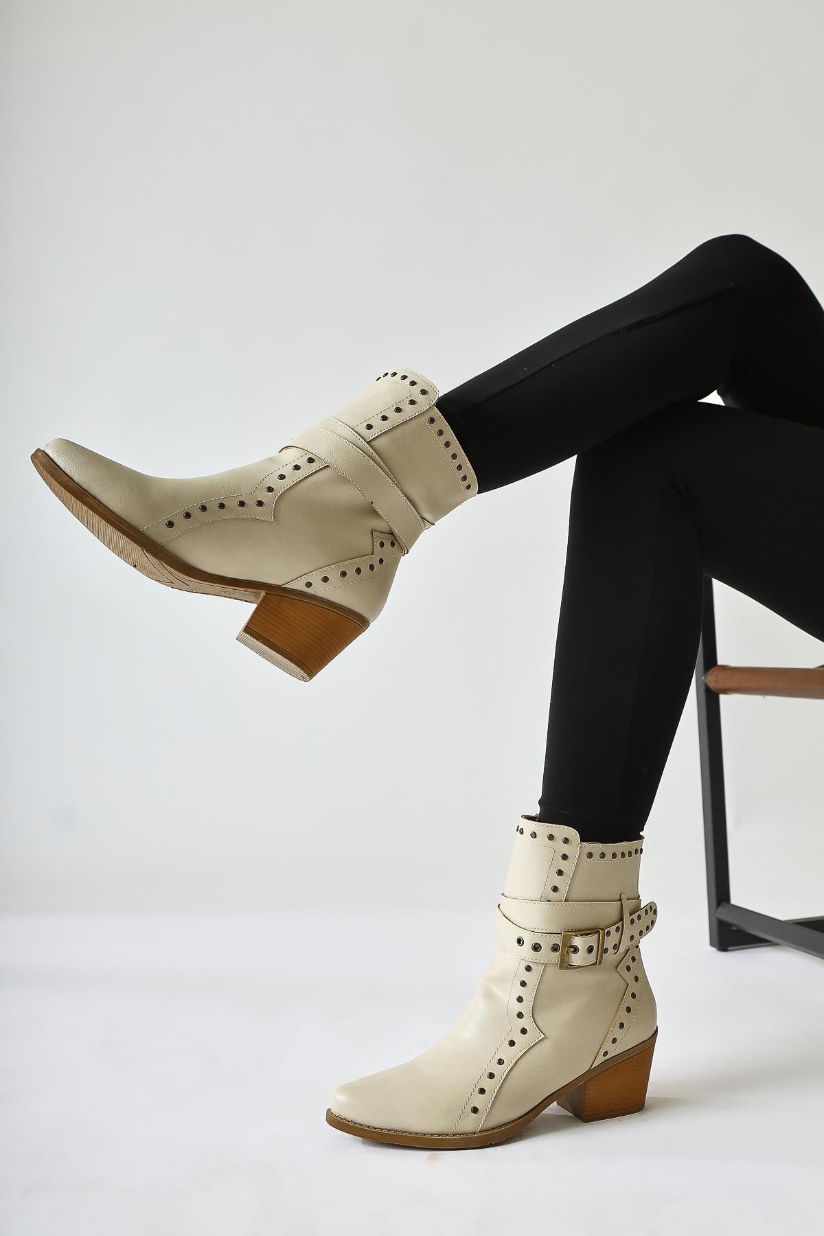 Torin Beige Studded Detailed Belted Pointed Toe Western Boots