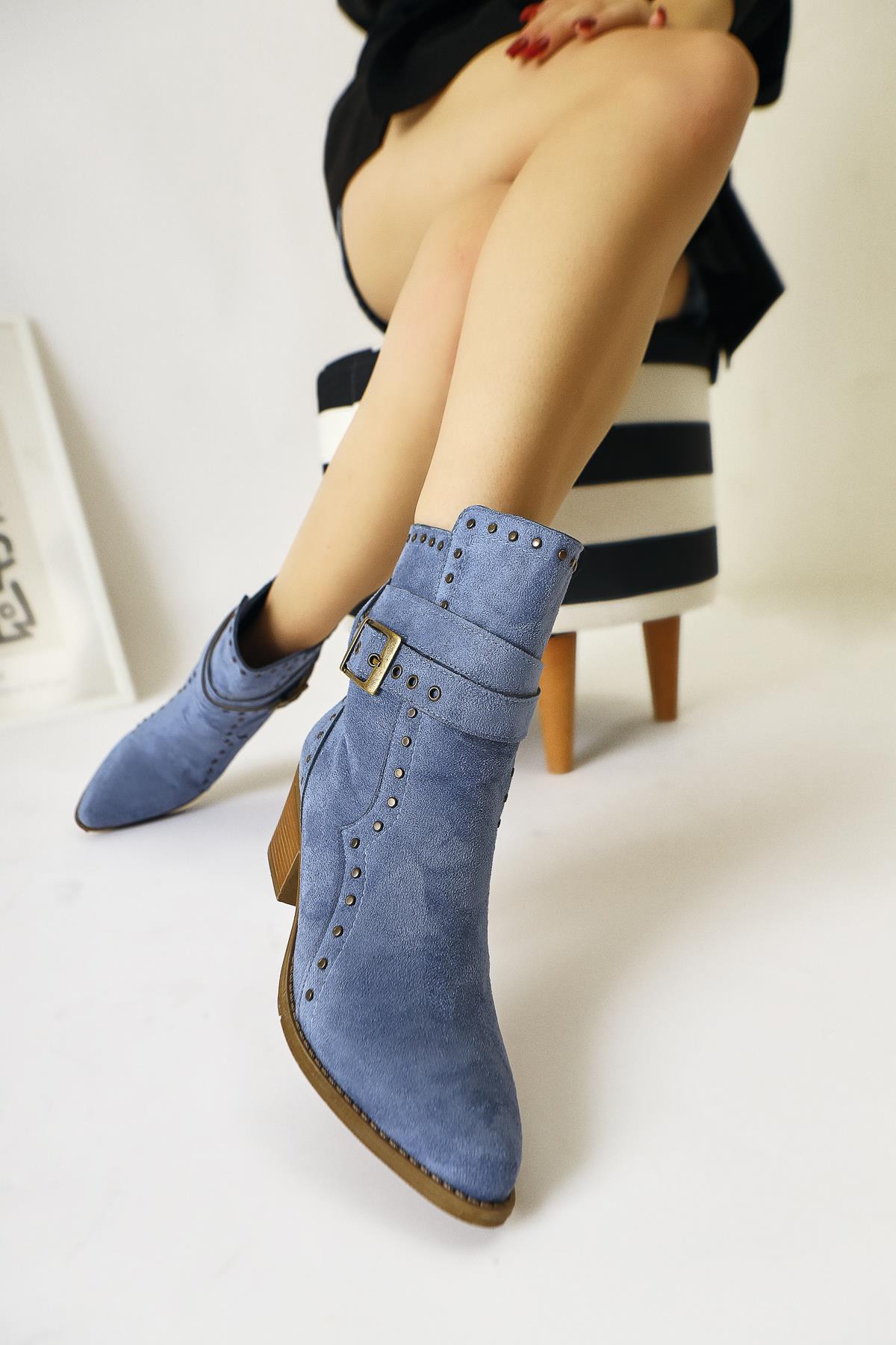 Torin Blue Suede Studded Detailed Belted Pointed Toe Western Boots