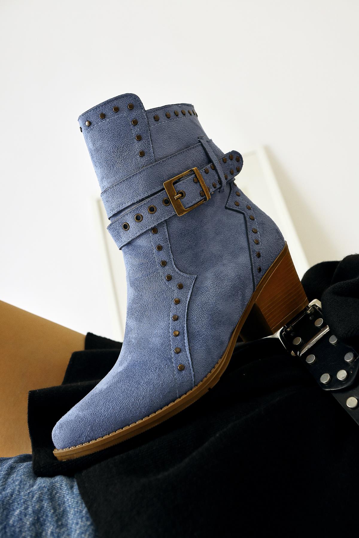 Torin Blue Suede Studded Detailed Belted Pointed Toe Western Boots