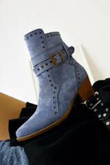 Torin Blue Suede Studded Detailed Belted Pointed Toe Western Boots