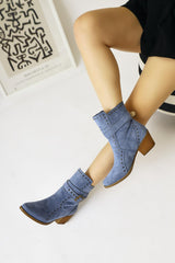 Torin Blue Suede Studded Detailed Belted Pointed Toe Western Boots