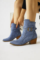 Torin Blue Suede Studded Detailed Belted Pointed Toe Western Boots