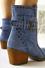 Torin Blue Suede Studded Detailed Belted Pointed Toe Western Boots