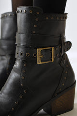 Torin Black Studded Detailed Belted Pointed Toe Western Boots