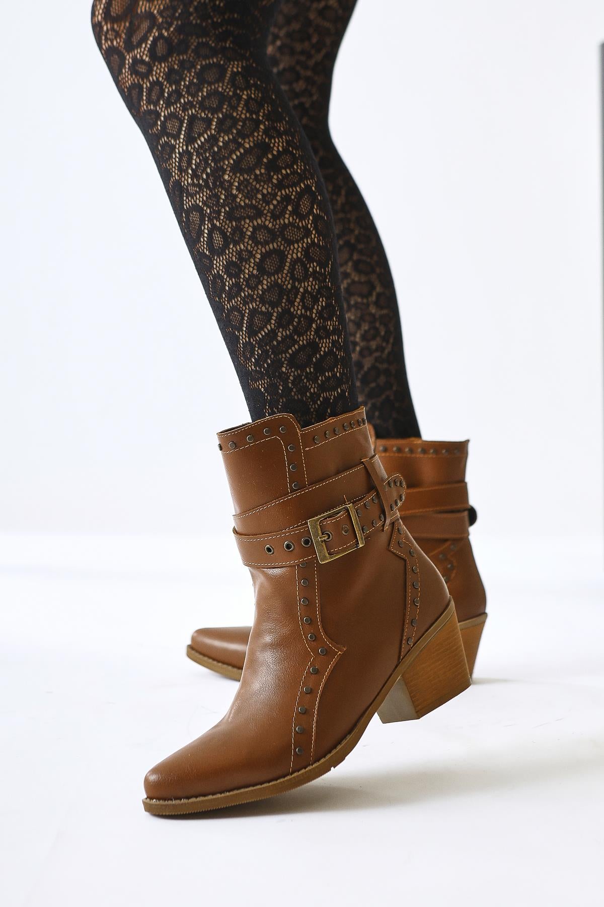 Torin Tan Studded Detailed Belted Pointed Toe Western Boots