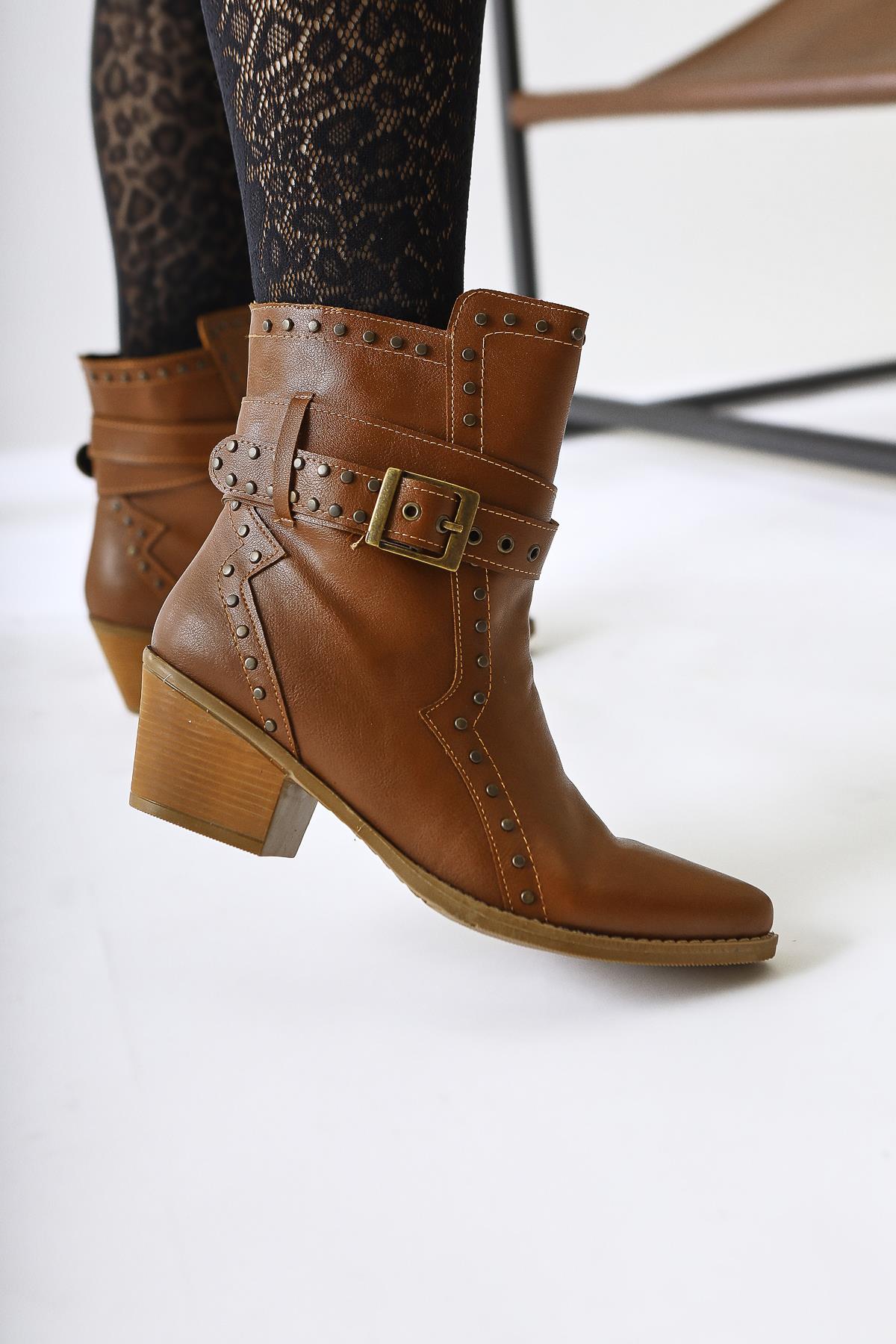 Torin Tan Studded Detailed Belted Pointed Toe Western Boots