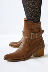 Torin Tan Studded Detailed Belted Pointed Toe Western Boots