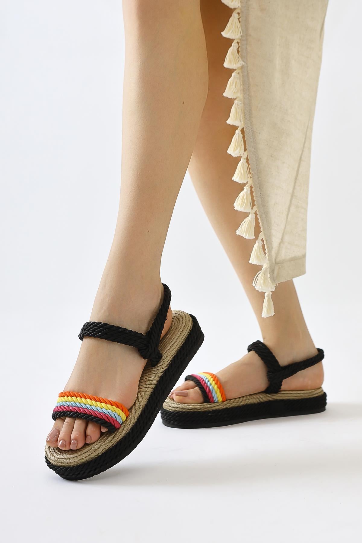 Velika Black - Multicolored Thick Sole Rope Sandals