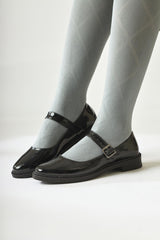 Vivy Black Patent Leather Round Toe Single Strap Casual Shoes