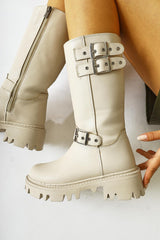 Winfred Cream Belt Detailed Long Boots