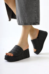 Zoje Black Crinkle Embossed Platform Slippers